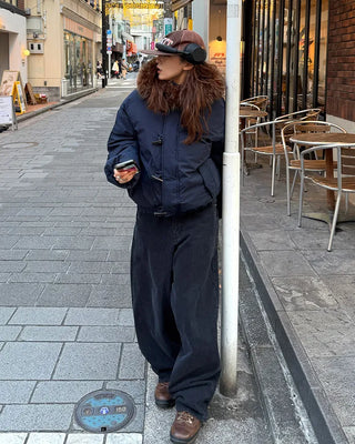 Button-up hooded fur padded jacket
