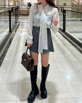 See-through polka dot tie blouse