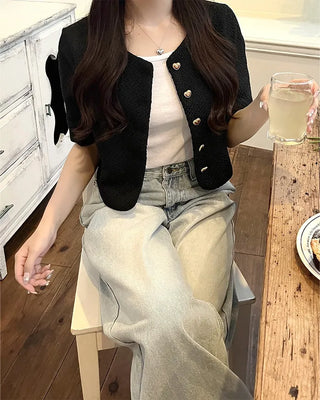 Heart gold button short-sleeved tweed jacket