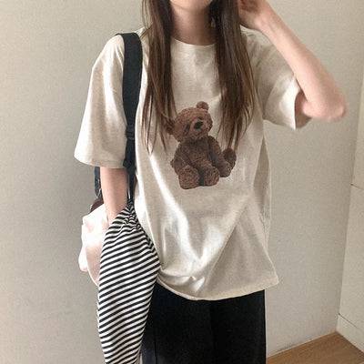 (3 colors) Cotton Teddy Bear Print Short-Sleeve T-Shirt
