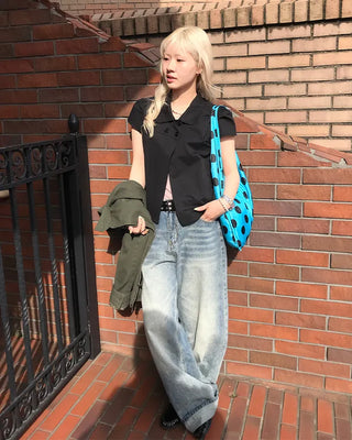 Round collar neck double-button blouse