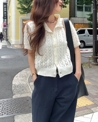 Perforated knit polo cardigan