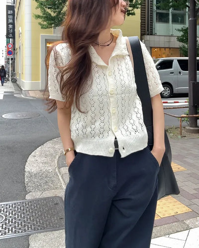 Perforated knit polo cardigan