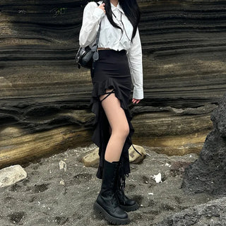 Frilled asymmetrical long skirt