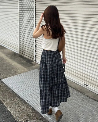 Checked frill long skirt