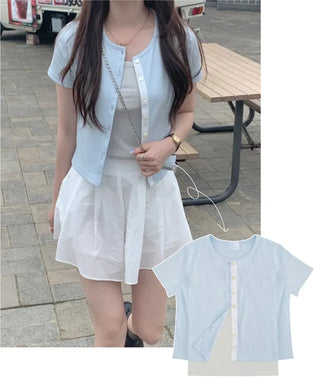 [SET] Cropped Short-Sleeve Ribbed Sleeveless Cardigan Set (4c)