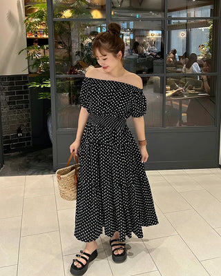 Off-shoulder tiered long dress