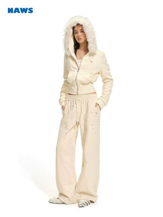 [NOTAWEAR] Fur Collar Hooded Zip-Up  Sweatshirt