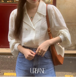 Monet Satin Shirred Collar Puff Blouse