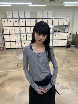 [NEVERSEEZ] Lyocell Wool Blend Henley Long Sleeve Tee