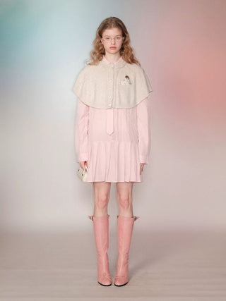 [Moromoro2] Crinkle Tie-Neck Pleated Shirt  Dress