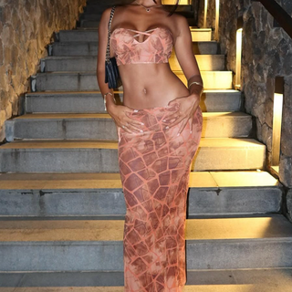 Hollow out print backless tube maxi skirt set
