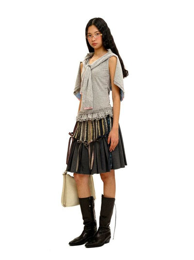 [Moromoro2] Lace Trim Plaid Patchwork Pleated  Skirt
