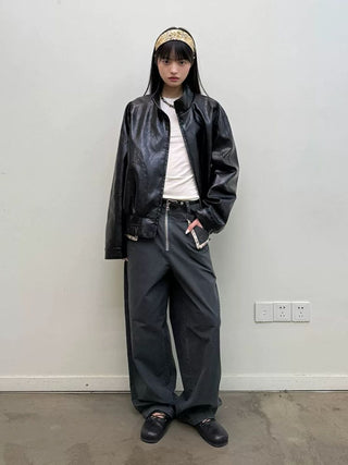 [NEVERSEEZ] Stand Collar Oversized PU Jacket