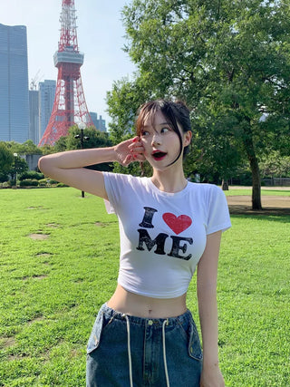 [3 colors] Printed cropped short-sleeve T-shirt