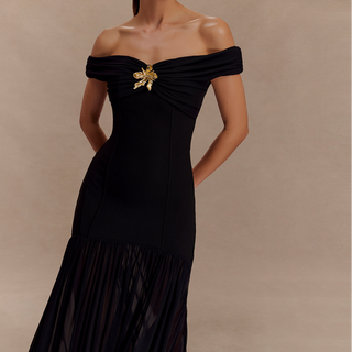 Off shoulder mesh metal applique maxi dress