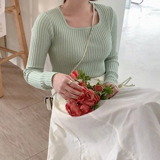 (5 colors) Ribbed Square Neck Knit Top