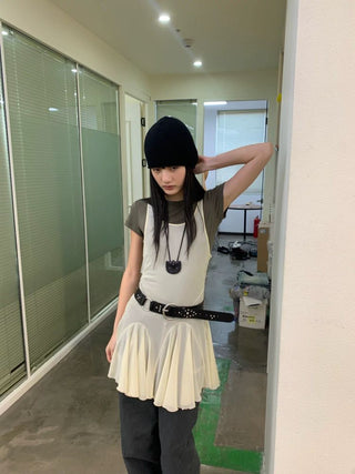 [NeverSeez] Mesh Layered Pleated Vest Dress