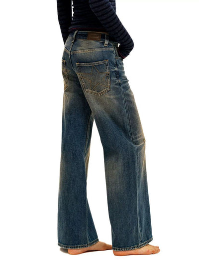 [Moromoro2] Star Plaid Patch Washed Straight  Jeans