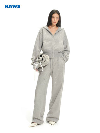 [NOTAWEAR] Rhinestone Hooded Zip-Up Knit  Cardigan