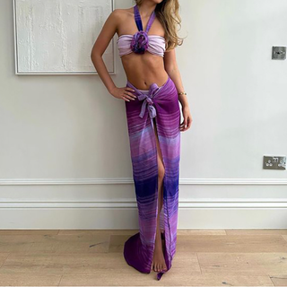 Leopard print halter self tie mesh 3 piece maxi skirt set