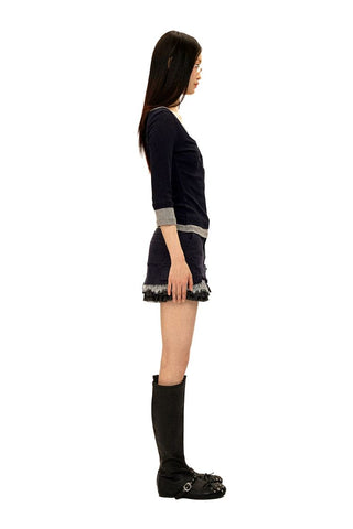 [Moromoro2] Layered Henley Top with Contrast  Trim