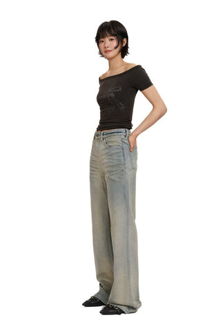 [Moromoro2] Washed Pleated Wide Leg Jeans