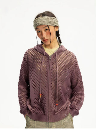 [Monterest] Spiral Mesh Washed Hooded Knit Cardigan