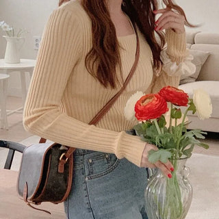 (5 colors) Ribbed Square Neck Knit Top