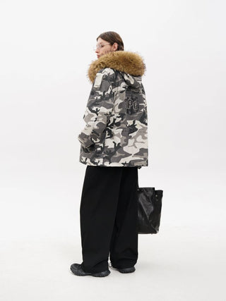 [MASONPRINCE] Camouflage Fur Collar Oversized Parka Coat