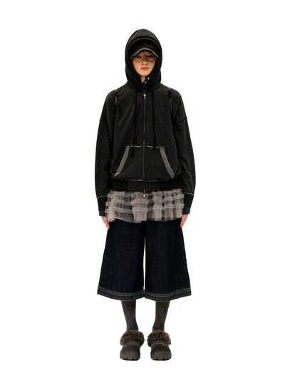 [Moromoro2] Raw-Edge Reversible Waffle Zip  Hoodie