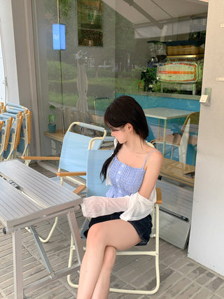 Shirred check sleeveless blouse