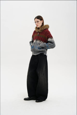 [MASONPRINCE] Fair Isle Fur Hood Wool Blend Cardigan