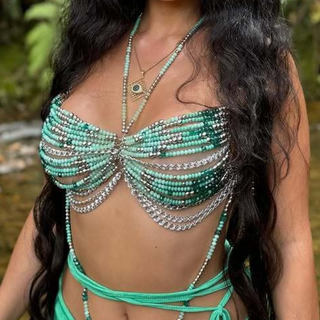 Metal chain beaded halter backless top