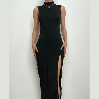 High neck sleeveless solid slit irregular midi dress