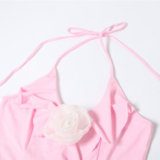 Halter self tie flower applique lace ruffle top