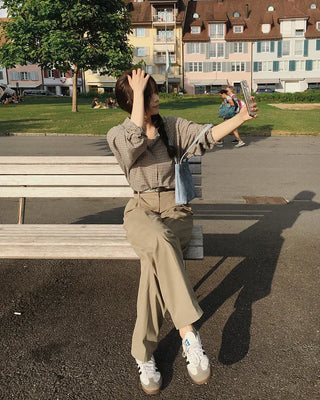 Wide cotton slacks with pleats