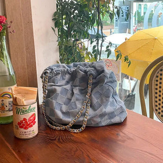 Checked denim chain bag