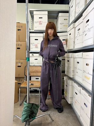 [NeverSeez] Cropped Raw Edge Hooded Zip-Up