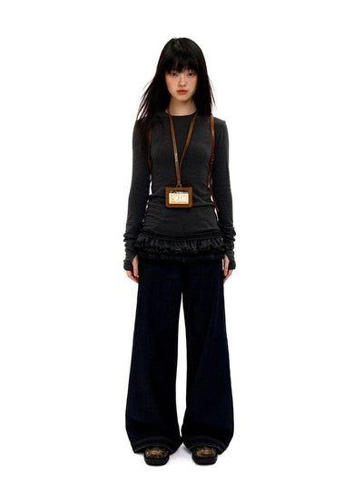 [Moromoro2] Double-layer Lace Hem T-shirt