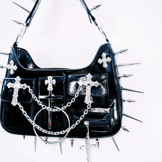 Cross applique rivet zip-up handbag  | Festival Outfits Women