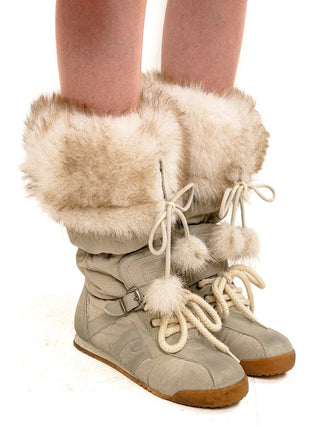 [Moromoro2] Furry Ball Patchwork Leather Boxing  Boots