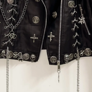 Long sleeve metal chain zip-up PU leather top