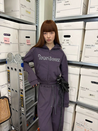 [NeverSeez] Cropped Raw Edge Hooded Zip-Up