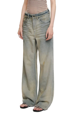 [Moromoro2] Washed Pleated Wide Leg Jeans