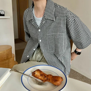 Linen check open collar shirt