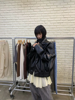 [NEVERSEEZ] Stand Collar Oversized PU Jacket
