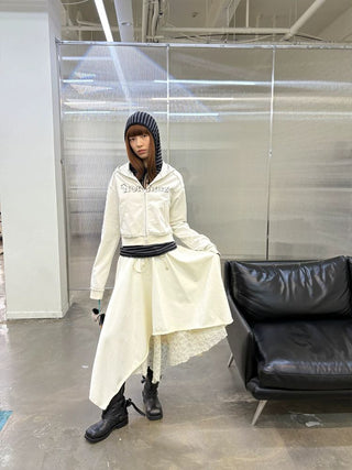 [NeverSeez] Lace Layered Knit Midi Skirt