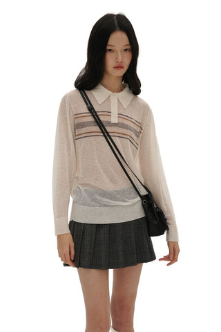 [moromoro2] Striped Polo Knit Top