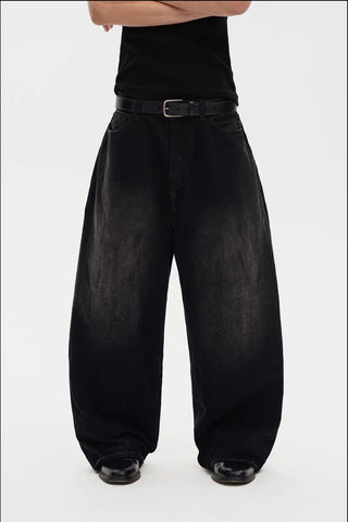 [MASONPRINCE] Curved Cut Washed Denim Wide Pants